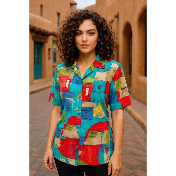 Alfred Dunner Tops - Alfred Dunner 12 Abstract Print Shirt Boldwear Retro Colorblock Artwear Blouse